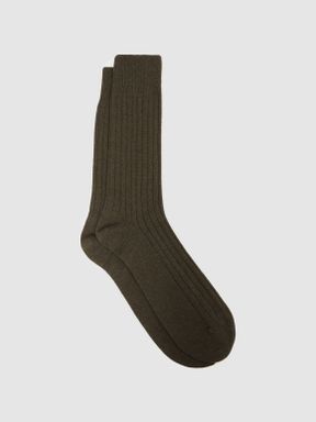 Khaki Reiss Cirby Wool-Cashmere Blend Ribbed Socks