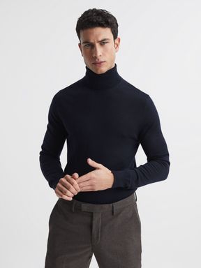 Navy Reiss Caine Slim Fit Merino Wool Roll Neck Jumper