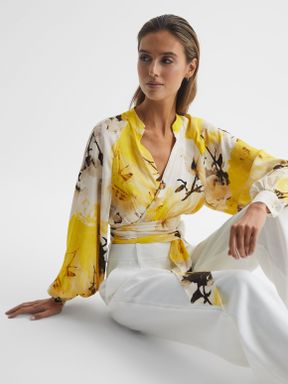 Yellow Reiss Odette Floral Print Cropped Blouse