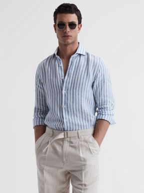 Soft Blue Herringbone Stripe Reiss Ruban Linen Long Sleeve Shirt