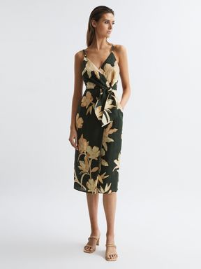 Khaki Reiss Alice Fitted Floral Print Midi Dress