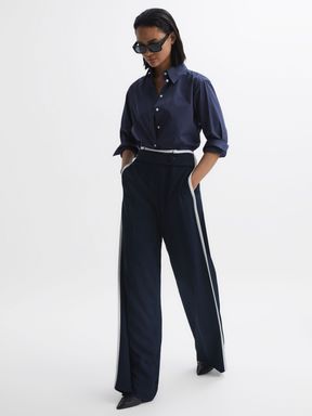 Navy Reiss Lina High Rise Wide Leg Trousers