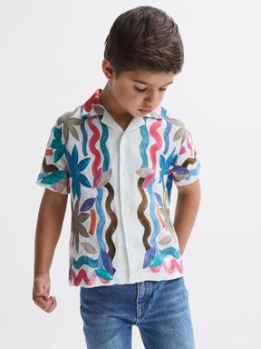 Multi Reiss Delphi Linen Floral Cuban Collar Shirt