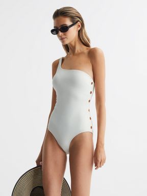 White Reiss Bethany One Shoulder Button Detail Swimsuit