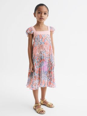 Pink Print Reiss Aster Floral Printed Pleated Dress