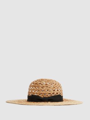 Neutral Reiss Eloise Crochet Raffia Wide Brim Hat