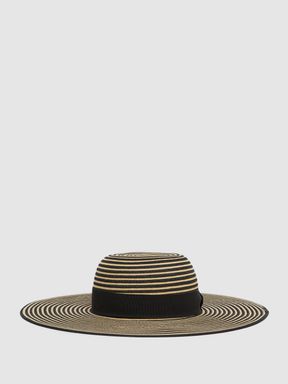 Black/Neutral Reiss Emilia Paper Straw Wide Brim Hat