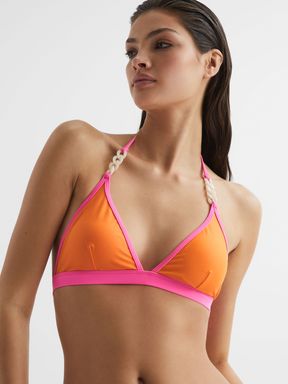 Orange/Pink Reiss Rutha Colourblock Halter Bikini Top