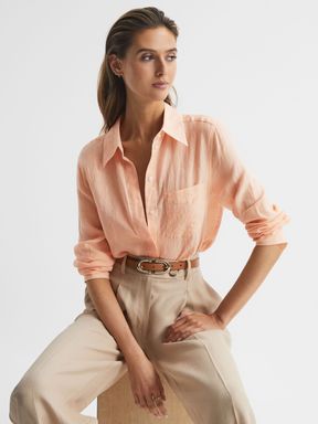 Peach Reiss Campbell Linen Long Sleeve Shirt