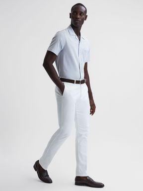 Blue/White Reiss Saka Cuban Collar Striped Short Sleeve Shirt