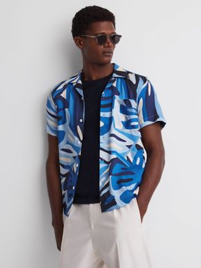 Blue Reiss Khalid Slim Fit Cuban Collar Printed Shirt