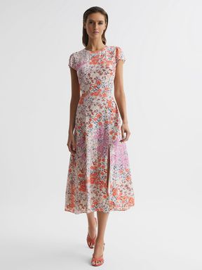 Coral/White Reiss Luna Floral Print Cap Sleeve Dress