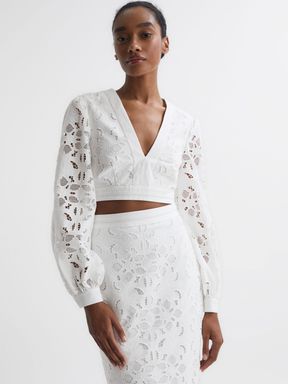White Reiss Immi Lace Cropped Co-ord Blouse