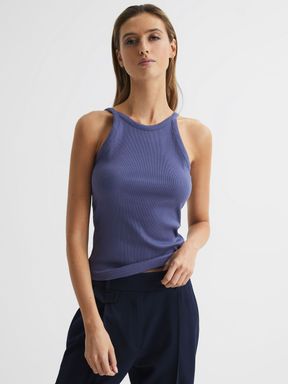 Dusty Blue Reiss Louisa Crew Neck Ribbed Cami Vest Top