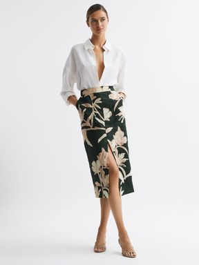 Khaki Reiss Jackson Print Floral Print High Rise Midi Skirt