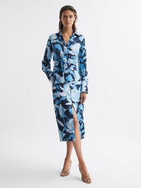 Navy/Blue Reiss Jackson Floral Print High Rise Midi Skirt
