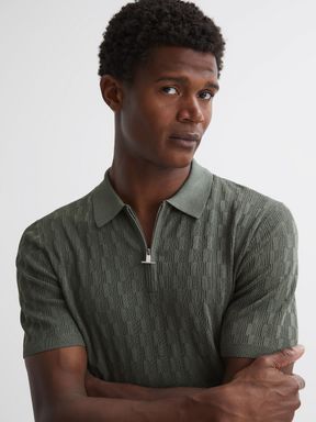 Sage Green Reiss Ubud Half-Zip Textured Polo T-Shirt