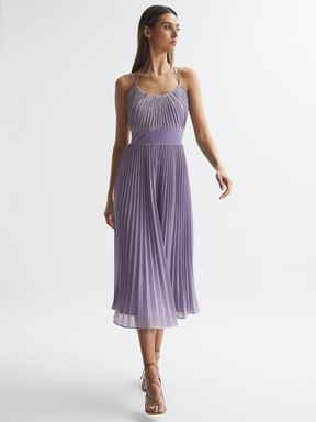Lilac Halston Shimmer Pleated Midi Dress