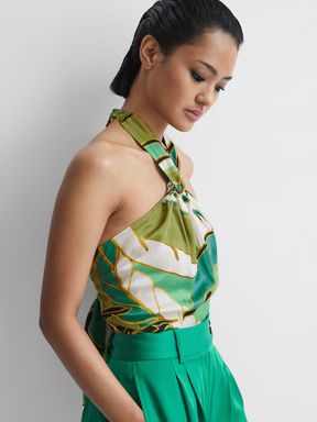 Green Reiss Luna Printed Halter Neck Crop Top