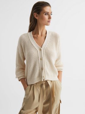 Neutral Reiss Adeena Cotton-Linen Blend Knit Cardigan