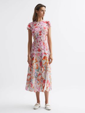 Pink Reiss Ivy Floral Print Midi Dress