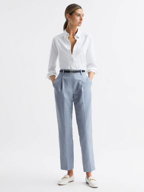 Pale Blue Reiss Shae Tapered Linen Trousers