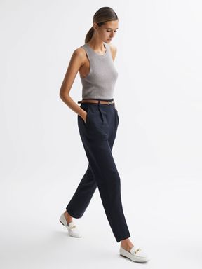 Navy Reiss Shae Tapered Linen Trousers
