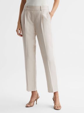Oatmeal Reiss Shae Tapered Linen Trousers