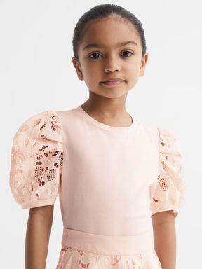 Pink Reiss Alberta Floral Lace Puff Sleeve T-Shirt