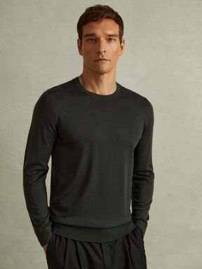 Dark Military Green Reiss Wessex Merino Wool Crew Neck Jumper