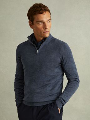 Dark Airforce Blue Melange Reiss Maxwell Merino Wool Half-Zip Polo Shirt