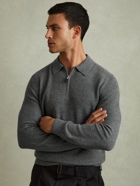 Grey Melange Reiss Regis Wool Half-Zip Polo Shirt