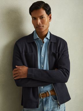 Navy Reiss Rivers Knitted Zip Through Jacket