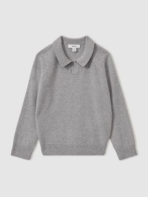 Grey Melange Reiss Grange Wool-Cashmere Open Collar Polo Shirt