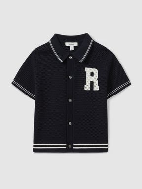 Navy/White Reiss Mikan Cotton Open-Stitch Motif Shirt