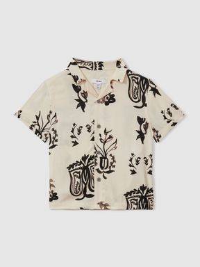 Off White/Black Reiss Babylon Relaxed Printed Cuban Collar Shirt