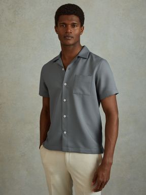 Slate Grey Reiss Tokyo Cuban Collar Button-Through Shirt