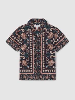 Dark Teal Reiss Finn Ornamental Print Cuban Collar Shirt