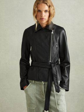 Black Reiss Febe Belted Leather Jacket