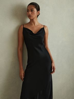Black Reiss Isabel Satin Cowl Neck Midi Dress