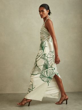 White/Green Reiss Lexi Floral Sketch Halter Neck Maxi Dress