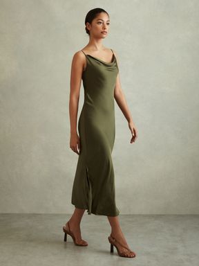 Khaki Reiss Isabel Satin Cowl Neck Midi Dress