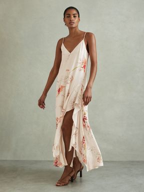 Ivory/Coral Reiss Melody Floral Print Side Split Midi Dress