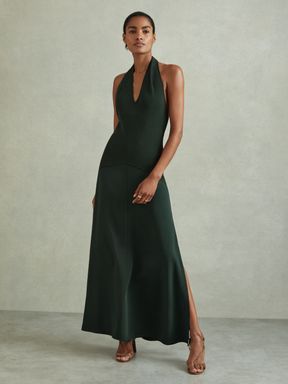Green Reiss Rene Hybrid Knit Midi Dress