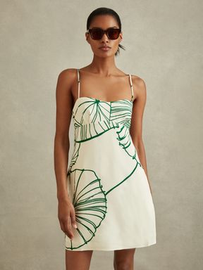 White/Green Reiss Marli Floral Sketch Removable Strap Mini Dress