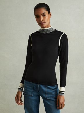 Black/Cream Reiss Rosa Knitted Contrast High Neck Jumper