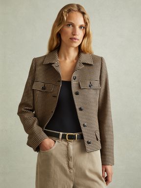 Black/Camel Reiss Lena Dogtooth Check Collared Jacket
