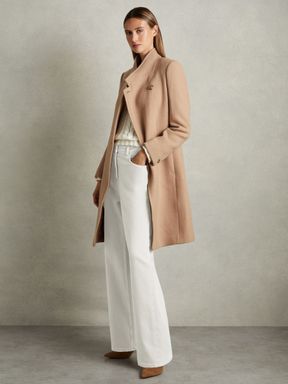 Light Camel Reiss Maude Wool Blend Longline Double Breasted Coat