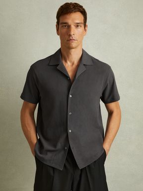 Steel Grey Reiss Hunt Textured Crepe Cuban Collar Shirt