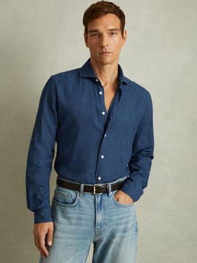 Blue Multi Reiss Delta Linen-Cotton Puppytooth Cutaway Collar Shirt
